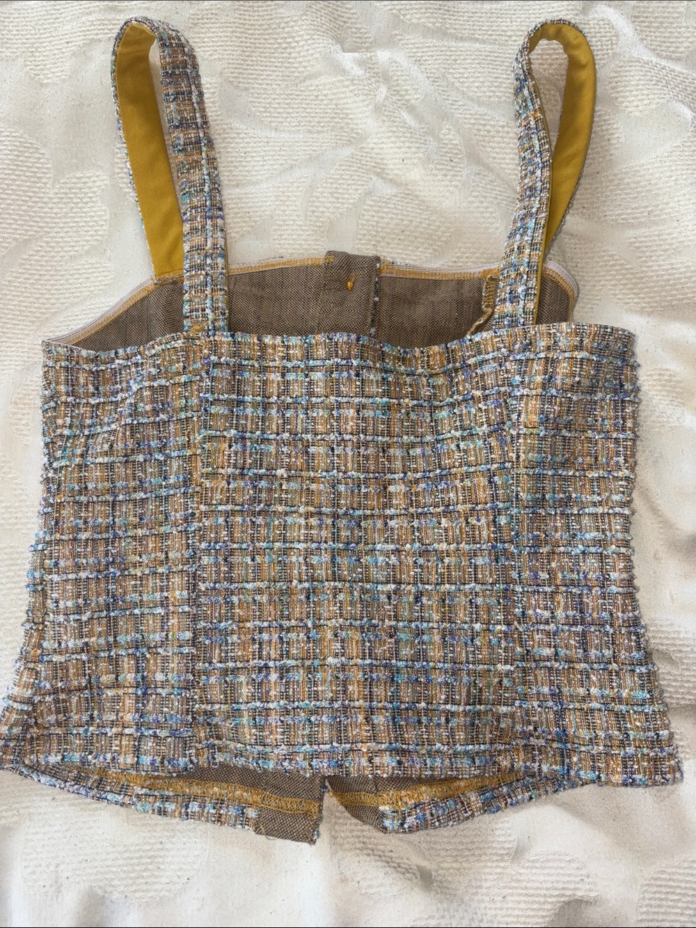 Tweed Pearl-Button Cropped Tank Top - Mustard Blue - Picture 3 of 3